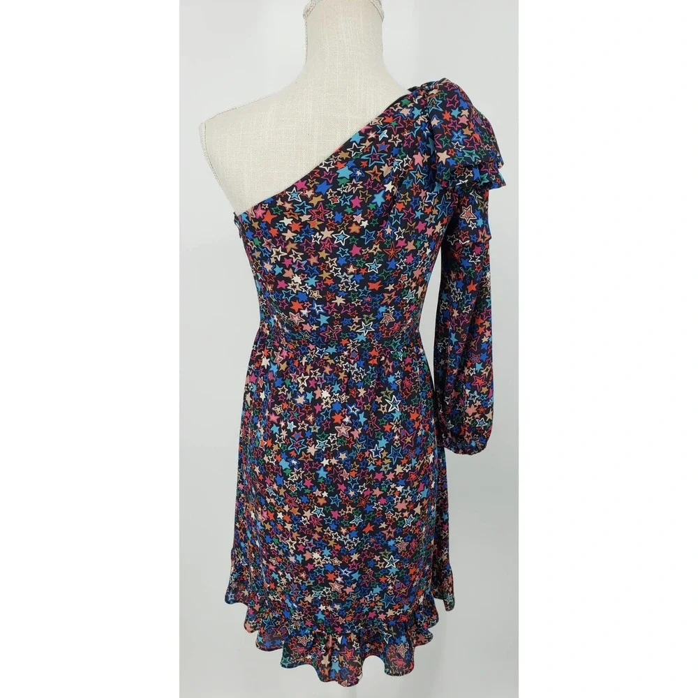 J Crew One Shoulder Dress 0 Kaleidoscope Star A Line Ruffle Hem Navy‎ Blue H2660